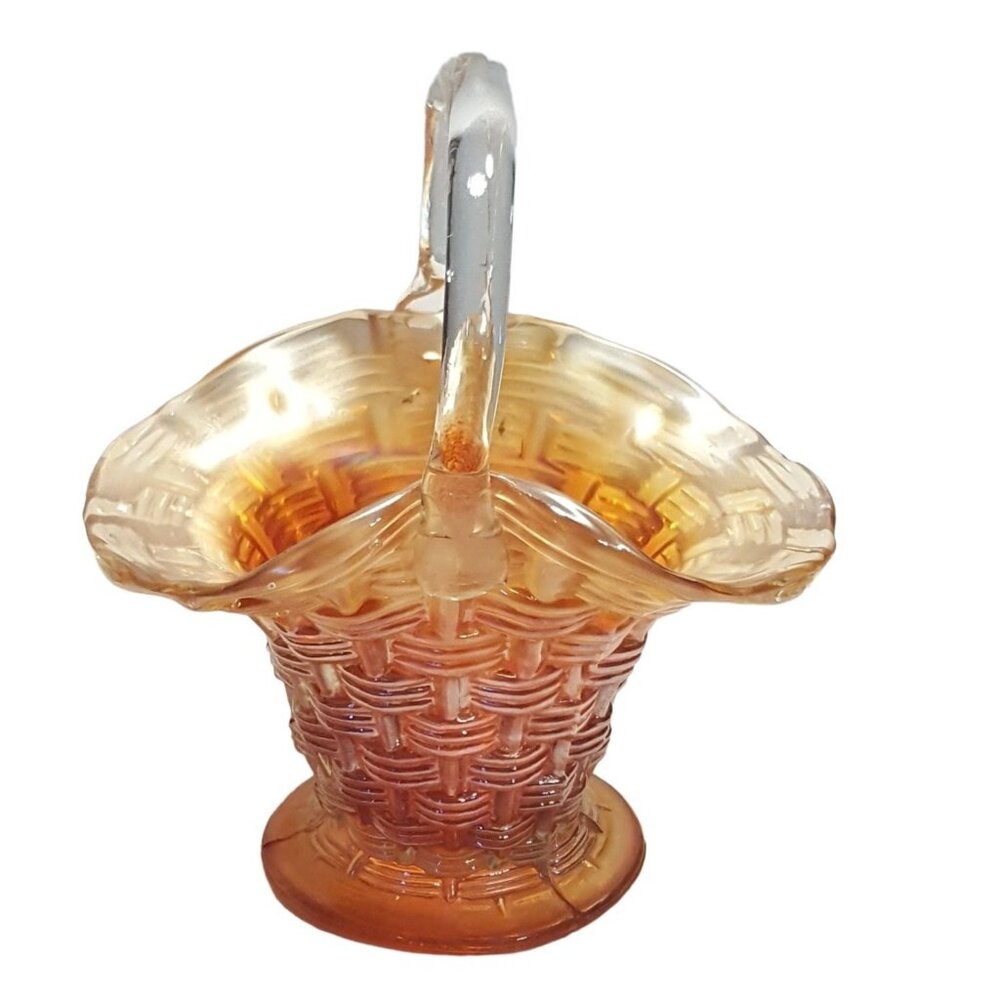 Carnival Glass Basket Candy Dish‎ Basketweave Applied Clear Handle 6"